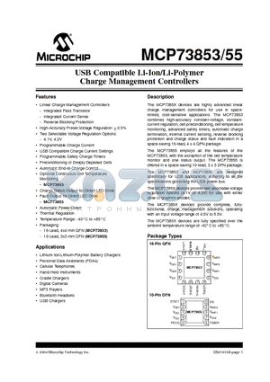MCP73853T datasheet - USB Compatible Li-Ion/Li-Polymer Charge Management Controllers