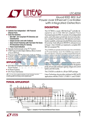 LTC4258 datasheet - Quad IEEE 802.3af Power over Ethernet Controller with Integrated Detection