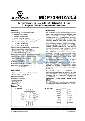 MCP73861 datasheet - Advanced Single or Dual Cell, Fully Integrated Li-Ion / Li-Polymer Charge Management Controllers