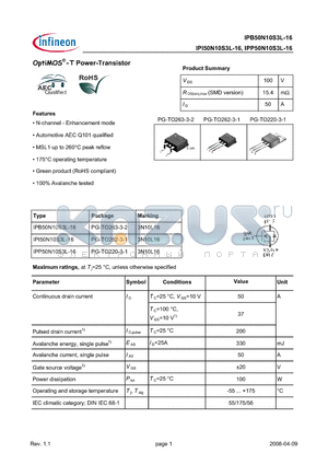 IPB50N10S3L-16 datasheet - OptiMOS-T Power-Transistor