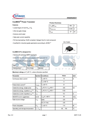 IPB50R250CP datasheet - CoolMOS Power Transistor