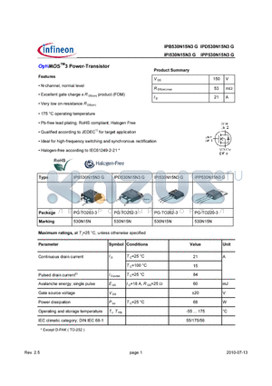 IPB530N15N3G datasheet - OptiMOS3 Power-Transistor