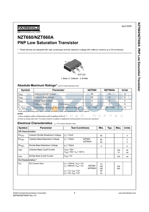 NZT660 datasheet - PNP Low Saturation Transistor