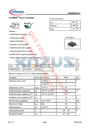 IPB60R299CPA datasheet - CoolMOS Power Transistor