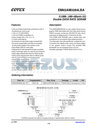 EM423M3284LBA-7FE datasheet - 512Mb (4M4Bank32) Double DATA RATE SDRAM