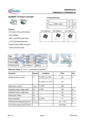 IPB80N04S4-04 datasheet - OptiMOS-T2 Power-Transistor