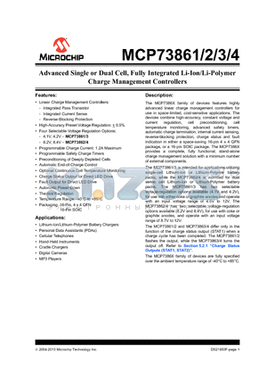 MCP73864 datasheet - Advanced Single or Dual Cell, Fully Integrated Li-Ion/Li-Polymer Charge Management Controllers