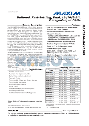 MAX5293ETE datasheet - Buffered, Fast-Settling, Dual, 12-/10-/8-Bit, Voltage-Output DACs