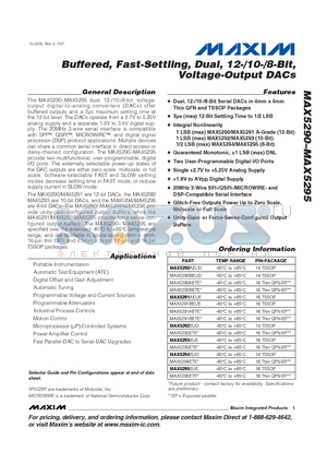 MAX5295EUE datasheet - Buffered, Fast-Settling, Dual, 12-/10-/8-Bit, Voltage-Output DACs