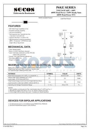 P6KE18 datasheet - 600W Peak Power / 5.0W Steady State 600W Peak Power TVS