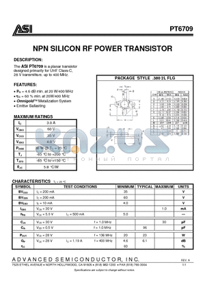 PT6709 datasheet - NPN SILICON RF POWER TRANSISTOR