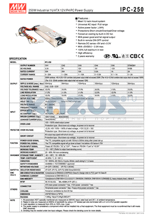 IPC-250 datasheet - 250W Industrial 1U ATX 12V/P4 PC Power Supply