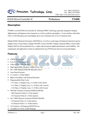 PT6880 datasheet - OLED Driver/Controller IC