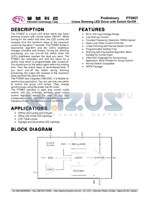 PT6907_10 datasheet - Linear Dimming LED Driver with Switch On/Off