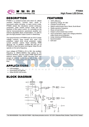 PT6904-S datasheet - High Power LED Driver