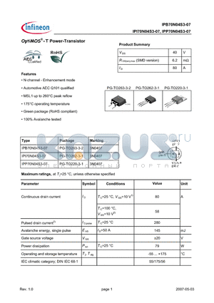 IPB70N04S3-07 datasheet - OptiMOS-T Power-Transistor