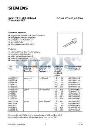 LG5380-GK datasheet - 5 mm T1 3/4 LED, Diffused Wide-Angle LED