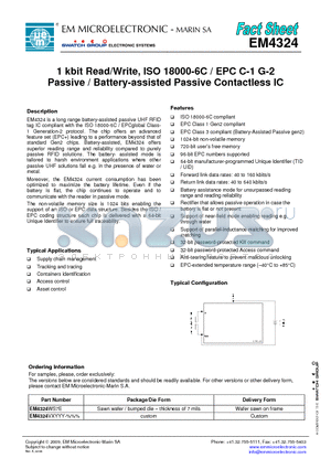 EM4324 datasheet - 1 kbit Read/Write, ISO 18000-6C / EPC C-1 G-2 Passive / Battery-assisted Passive Contactless IC