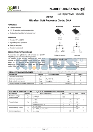 N-30EPU06 datasheet - FRED Ultrafast Soft Recovery Diode, 30 A