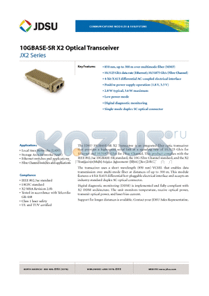 JX2-15SXAA1 datasheet - 10GBASE-SR X2 Optical Transceiver