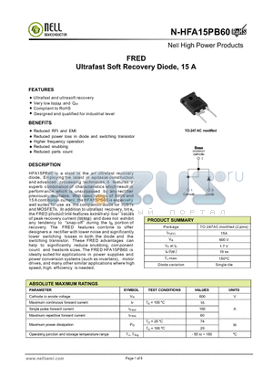 N-HFA15PB60 datasheet - FRED Ultrafast Soft Recovery Diode, 15 A