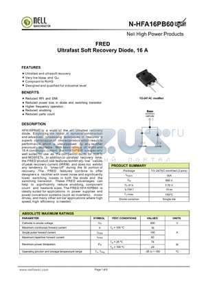 N-HFA16PB60 datasheet - FRED Ultrafast Soft Recovery Diode, 16 A