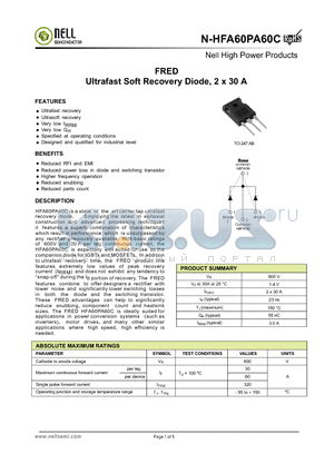 N-HFA60PA60C datasheet - FRED Ultrafast Soft Recovery Diode, 2 x 30 A