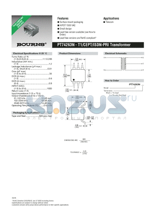 PT74263NL datasheet - T1/CEPT/ISDN-PRI Transformer