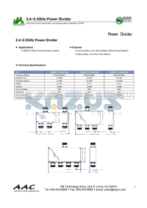 JXMBGF-T-3-2400-2500 datasheet - 2.4~2.5GHz Power Divider