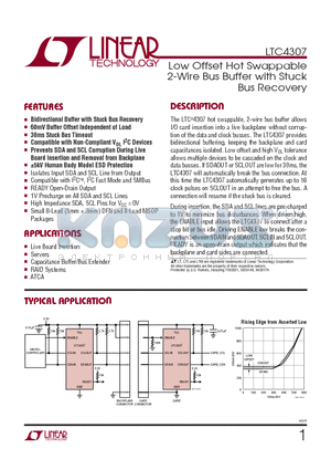 LTC4307IMS8 datasheet - Low Offset Hot Swappable 2-Wire Bus Buffer with Stuck Bus Recovery
