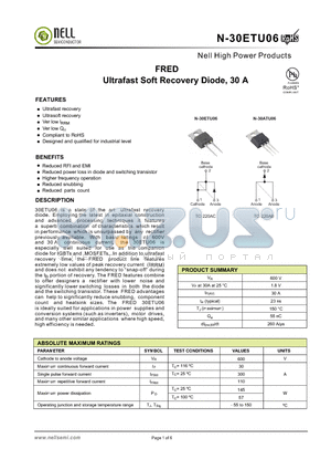 N-30ETU06 datasheet - FRED Ultrafast Soft Recovery Diode, 30 A