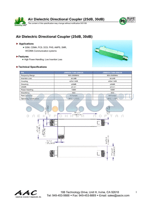 JXMBOH-T-800-2500-30 datasheet - Air Dielectric Directional Coupler (25dB, 30dB)