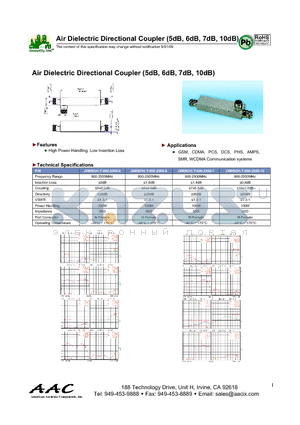 JXMBOH-T-800-2500-5 datasheet - Air Dielectric Directional Coupler (5dB, 6dB, 7dB, 10dB)