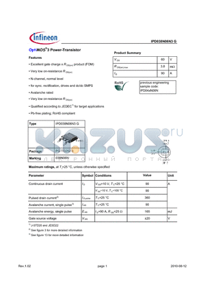 IPD038N06N3G datasheet - OptiMOS3 Power-Transistor