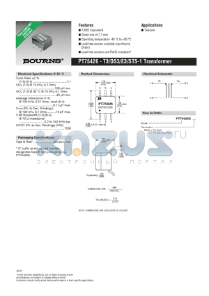 PT75426 datasheet - T3/DS3/E3/STS-1 Transformer