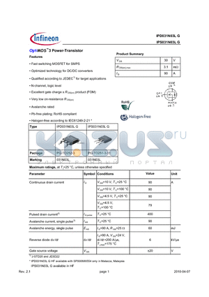 IPD031N03LG datasheet - OptiMOS3 Power-Transistor