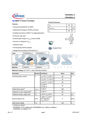 IPD040N03LG_10 datasheet - OptiMOS3 Power-Transistor