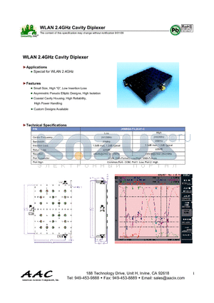 JXMBSG-T-L20-01-C datasheet - WLAN 2.4GHz Cavity Diplexer