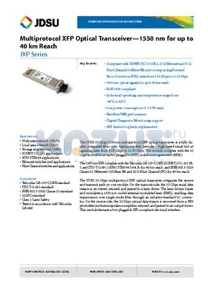 JXP-01EEAB1 datasheet - Multiprotocol XFP Optical Transceiver-1550 nm for up to 40 km Reach