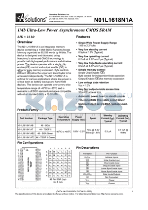 N01L1618N1AB datasheet - 1Mb Ultra-Low Power Asynchronous CMOS SRAM