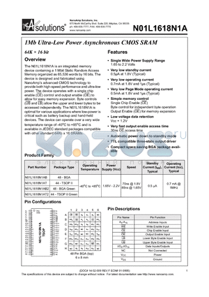 N01L1618N1AB-70I datasheet - 1Mb Ultra-Low Power Asynchronous CMOS SRAM