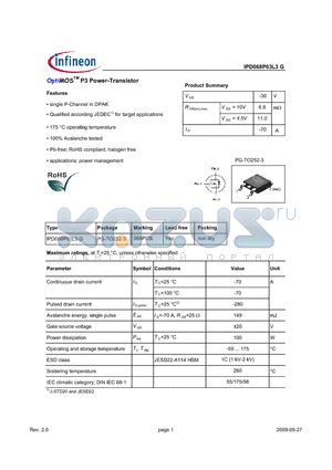 IPD068P03L3G datasheet - OptiMOSTM P3 Power-Transistor