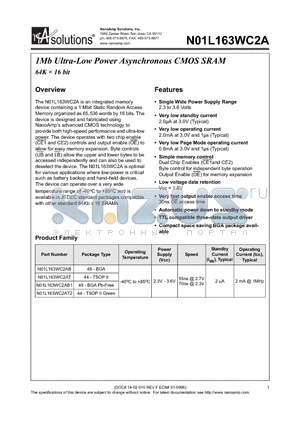 N01L163WC2A datasheet - 1Mb Ultra-Low Power Asynchronous CMOS SRAM