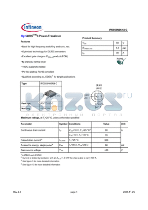 IPD053N06N3G datasheet - OptiMOS(TM)3 Power-Transistor