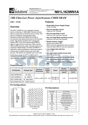 N01L163WN1AB-55I datasheet - 1Mb Ultra-Low Power Asynchronous CMOS SRAM