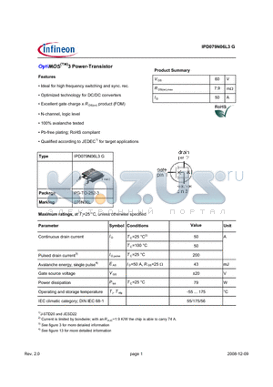 IPD079N06L3G datasheet - OptiMOS(TM)3 Power-Transistor