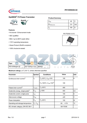 IPD100N04S4-02 datasheet - OptiMOS-T2 Power-Transistor