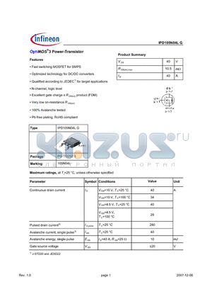 IPD105N04LG datasheet - OptiMOS3 Power-Transistor