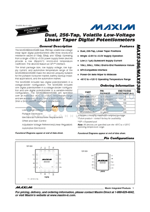 MAX5388 datasheet - Dual, 256-Tap, Volatile Low-Voltage Linear Taper Digital Potentiometers