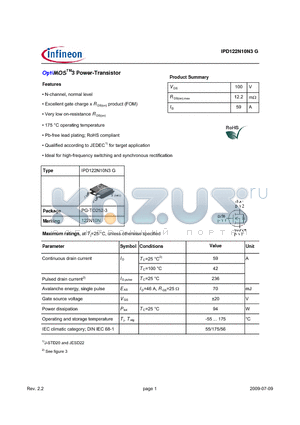 IPD122N10N3G datasheet - OptiMOSTM3 Power-Transistor